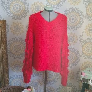 Pink Lily oversized red long sleeve pom-poms V-neck sweater small